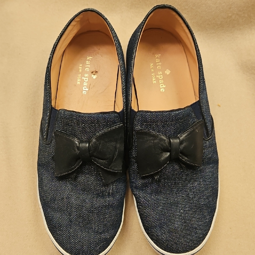 Kate Spade Navy Denim Loafers with Black Leather Bow 8.5